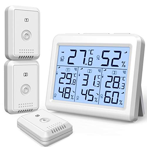 Brifit Amir Digitale Termometro Igrometro per Interno Esterno, Misuratore di Temperatura e umidità, Igrometro Digitale con 3 Sensori Wireless, Display LCD Retroilluminato