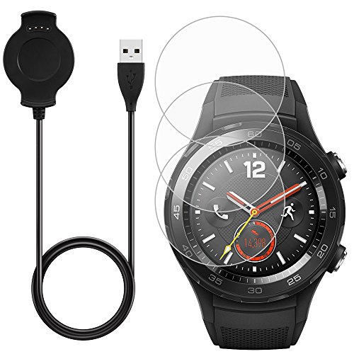 AFUNTA - Caricabatterie e 3 pellicole proteggi schermo per Huawei Smart Watch 2, caricabatterie di ricambio con supporto in vetro temperato anti-graffio
