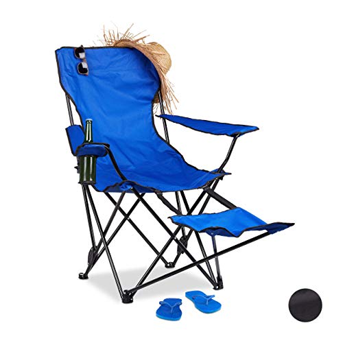 Relaxdays Sedia da Campeggio con Poggiapiedi, Pieghevole con Porta Bevande & Braccioli, Max. 120 kg, Blu