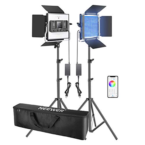 Neewer 2pz RGB Luce 530 LED SMD Controllo via APP, Kit d’Illuminazione con Cavalletti & Borsa di Trasporto, CRI 95, 3200-5600K, Luminosità 0% - 100%, 0-360 Colori Regolabili, 9 Condizioni Applicabili