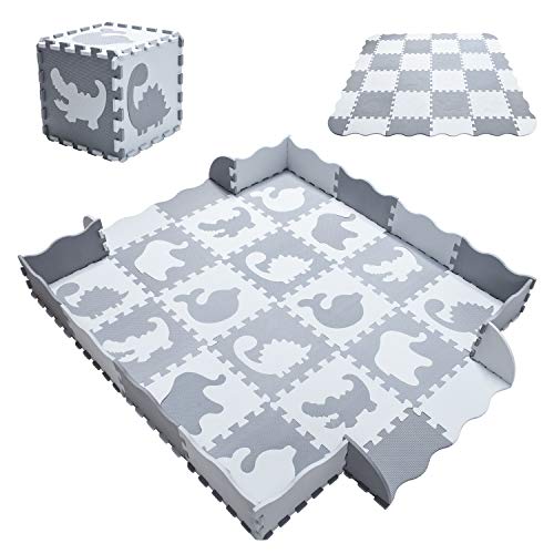 Yostrong Tappeto Bambini Morbido | Tappeto Gioco Bambino | Tappetino Bambini Puzzle | 1.96㎡ / 16 Pezzi (30*30*1cm), 20 Accessori Circostanti, Animale, Bianco& Grigio.YP-52(al) b16F20