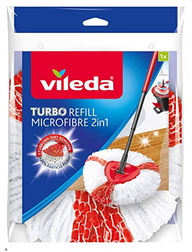 Vileda Turbo 2in1 Fiocco Ricambio per Sistema Lavapavimenti Turbo, Easy Wring & Clean, Microfibra 100%, Bianco/Rosso, Confezione da 1