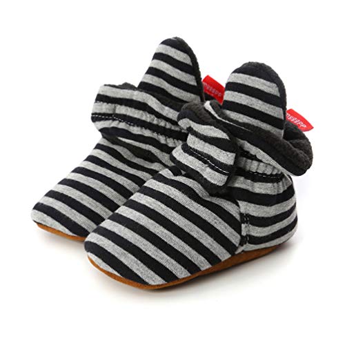 Stivali Invernali per Neonato Unisex Fondo Morbido Antiscivolo Stivali da Neve Bambino Cotone Piatto Pelliccia Calzino Bootie Regolabile (0-6 Mesi, Stripe - Nero Scuro)