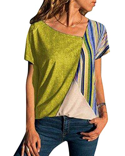 Yoins - Camicia da donna a maniche corte, con colori a contrasto e spalle scoperte, motivo geometrico, stile casual, blusa, camicetta Short Sleeve-yellow-01 36