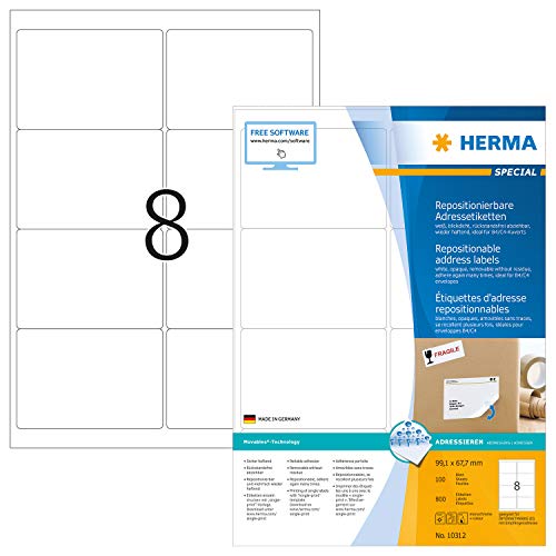 HERMA Etichette Staccabili, 99,1 x 67,7 mm, Etichette Adesive A4 per Stampante, 8 Etichette per Foglio, Bianco