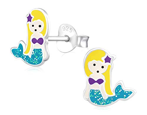 Laimons Kids Orecchini a pressione gioielli per bambini Sirena colorato con brillantini Argento Sterling 925