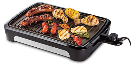 George Foreman Smokeless BBQ Grill 25850-56, Niente Fumo per utilizzo in casa, Larga Piastra in Acciaio 49.7 X 33.5 cm, Piastra e Vassoio Lavabili in Lavastoviglie, 1350 W, Cavo lungo 1M, Nero