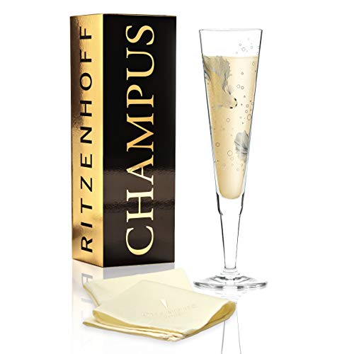 RITZENHOFF Champus - Bicchiere da champagne Werner Bohr, in cristallo, 200 ml, con eleganti parti dorate e platino, tovagliolo in tessuto incluso