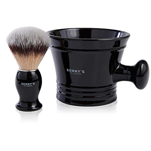 SHAVING BRUSH & BOWL GIFT SET - From Benny's of London - Our Best Selling Shaving Brush with the Ceramic Black Mug for Lathering Shave Soap and Cream - Perfect Present and Gift Set for Men