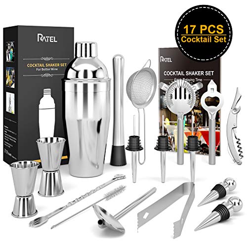 RATEL Set 17 Pezzi Cocktail + 1 Libro Cocktail, Set Shaker in Acciaio Inossidabile, Strumento Accessorio Barra Professionale, Kit per Cocktail con Shaker da 750 Ml, Filtro, Libro del Cocktail