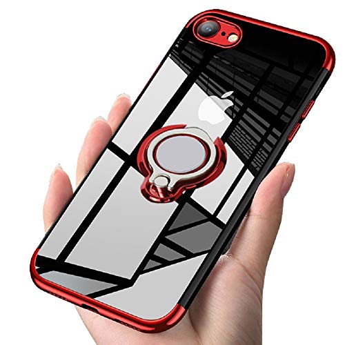 kadixini Custodia Cover per iPhone SE 2020 Trasparente Morbido TPU Protettivo Sottile Case 360° Ring Regolabile Anello Magnetica Supporto Silicone Custodia Antiurto Compatibile con iPhone 7/8 Rosso