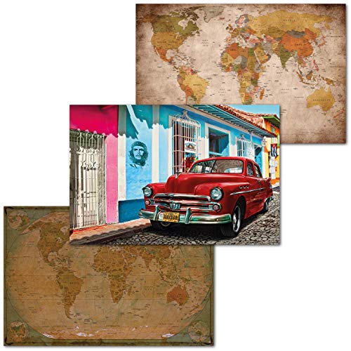GREAT ART Set di 3 Poster XXL - Retro Set Cubano - Retro & Vintage Look Mappamondo Cuba Oldtimer Che Guevara Vista sulla Strada Decorazione Interni Murale cadauno 140 x 100 cm