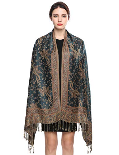 EASE LEAP Sciarpa Pashmina per donna scialle avvolgente caldo di lusso con sensazione di seta Hijab Paisley in colori ricchi con frange 200 * 70cm/(21-Verde scuro)