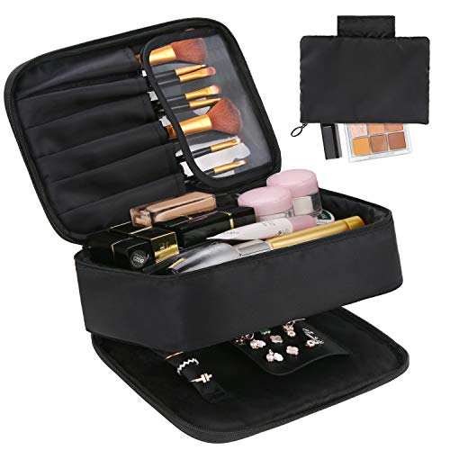 DIMJ 2 in 1 Porta Trucchi da Viaggio Borsa cosmetica portatile, gioielli impermeabili e borsa per cosmetici, con borsa rimovibile per cosmetici, orecchini, collane, braccialetti e anelli,Nero