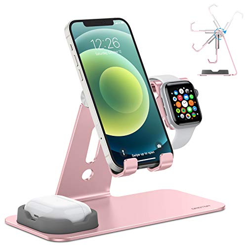 OMOTON 3 in 1 Supporto per Airpods e Apple Watch Regolabile, Stand Tavolo per Telefono, Stazione di Ricarica per Apple Watch SE/6/5/4/3/2/1, Dock per iPhone 12, SE, 11 PRO, Airpods 1,2, PRO, Oro Rosa