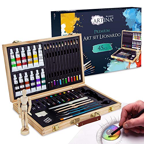 Artina Set da Disegno con manichino in Valigetta - Leonardo 45 unità: pennelli, acrilici, matite, manichino, ECC. - per pitturare & disegnare - Kit Pittura e Disegno - Set per colorare con manichino