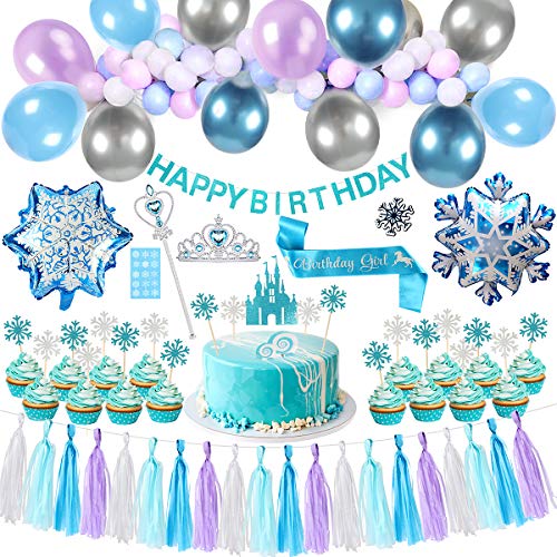 Tacobear Elsa Frozen Compleanno Decorazioni Blu Festa Ghirlanda di Palloncini Torta Cupcake Topper Banner Ghirlanda di Nappe Tiara Bacchetta Magica per Bambini Compleanno Feste Frozen (Blu)