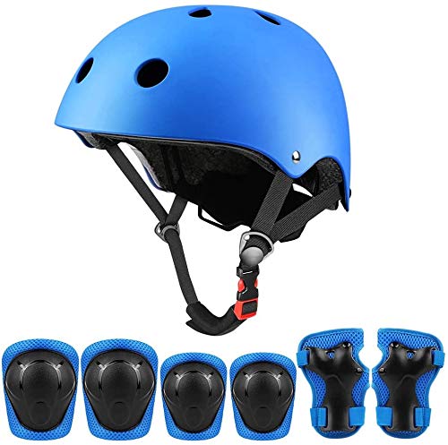Set di protezioni sportive per bambini, casco da ciclismo regolabile per bambini con ginocchiere, gomitiere, protezioni per i polsi, casco da skateboard per ragazzi per 3~10 anni - Blu