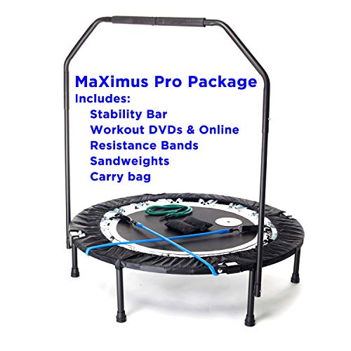Rebounder MaXimus Pro – Mini Trampolino Professionale pieghevole, 2 dvd con 7 video d’allenamenti (Inglese), borsa, pesi di sabbia, corde elastiche di resistenza.