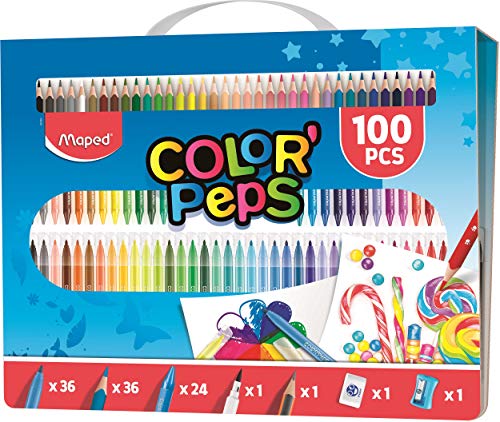 Maped Color' Peps - Set da 100 pezzi da colorare e custodia per il trasporto (36 matite, 36 punte in feltro, 24 pastelli, pennarello per lavagna, matita HB, gomma e temperamatite), assortiti 907003