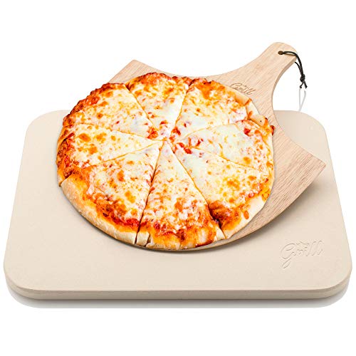 Pietra per pizza Hans Grill, pietra da cottura per forno e barbecue bbq con tavoletta in legno per cottura pizza |Set in legno resistente, spesso e originale, rettangolare, facile da maneggiare