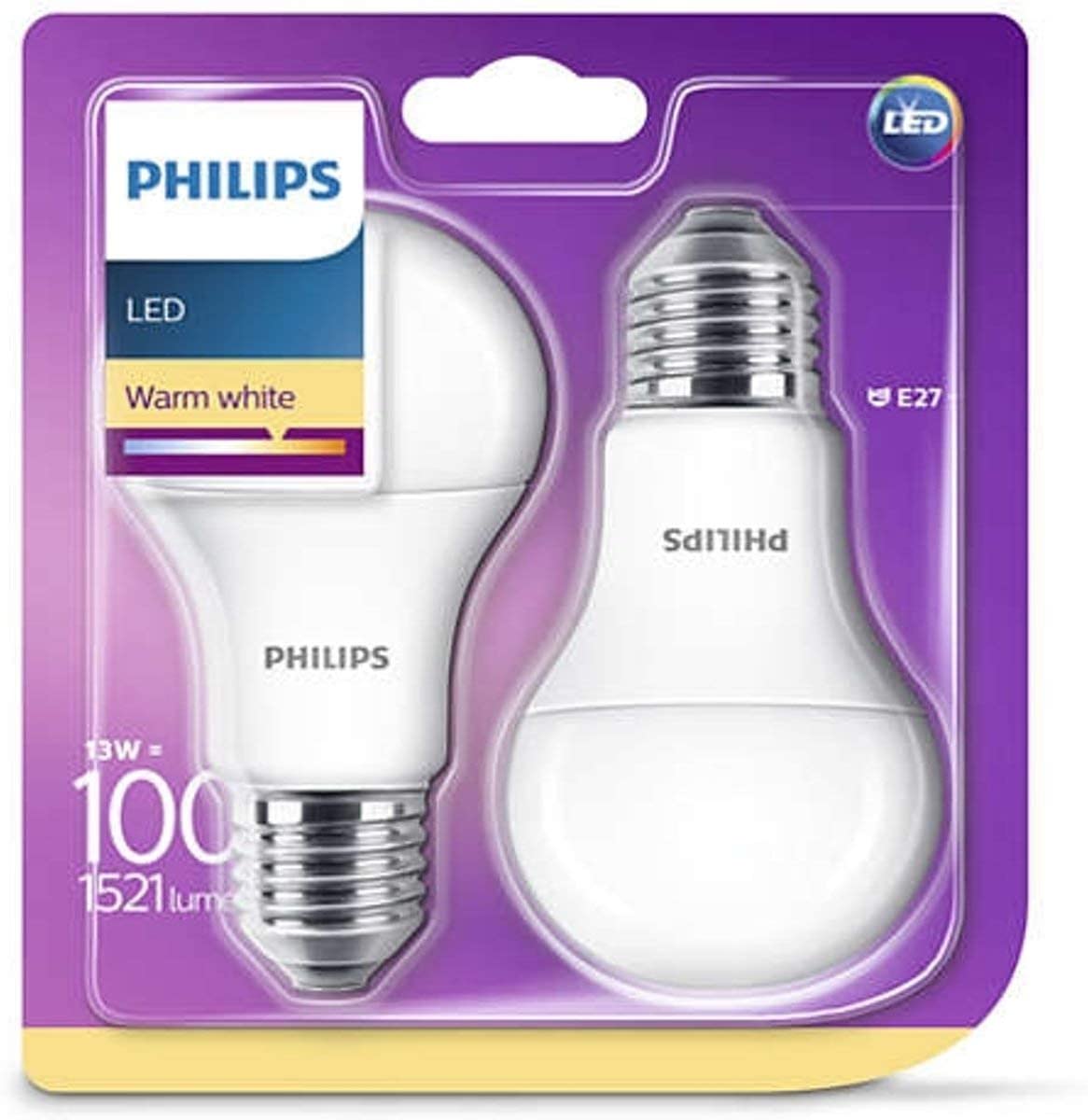Philips Lighting 929001234561 Philips Lighting Lampadina LED, Warm White Goccia, Attacco E27, 13 W Equivalenti a 100 W, 2700K, Blister Doppio, Bianco, 2 unità