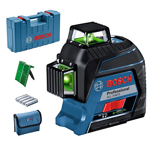 Bosch Professional 0601063Y00 Livella GLL 3-80 G, Laser Verde, Raggio d’Azione: Fino a 30 m, 4 x Pile AA, in Valigetta, 1.5 V, Blu