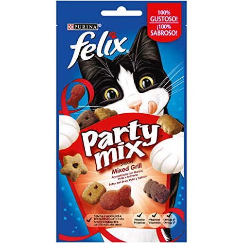 Purina Felix Party Mix Snack Gatto Mixed Grill Aromatizzato con Manzo, Pollo e Salmone, 8 Confezioni da 60 g Ciascuna