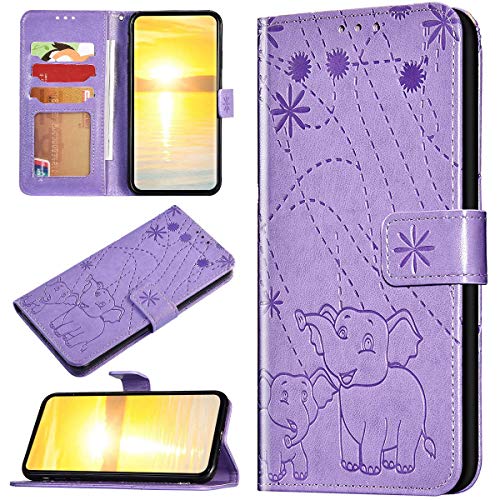 Robinsoni Custodia Compatibile con Samsung Galaxy M20 Case Portafoglio Cover Libro Case Pelle PU Antiurto Case Wallet Taccuino Cover Libretto Cartone Animato Case Folio Flip Cover Viola Elefante