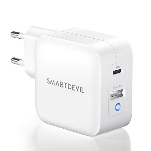 SmartDevil Caricatore USB C PowerPort PD 2 da Parete, 65 W, Dual Port con 60 W Power Delivery per iPhone 12/12 Pro/12 PRO Max/12 Mini,MacBook,iPad e con 12 W PowerIQ per Samsung S9 / S9+, ECC.
