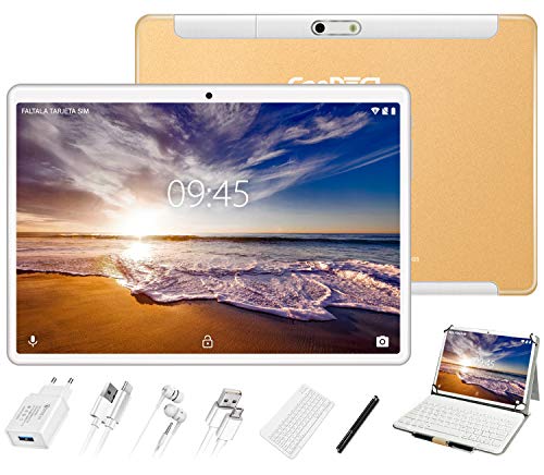 GOODTEL Tablet 10 Pollici, 4 GB RAM + 64 GB ROM, G3 Tablets PC Android con Doppia Fotocamera (5MP+8MP), WiFi | GPS | Bluetooth 4.0 | Doppia SIM | MicroSD | Type-C, con Tastiera Bluetooth, Oro