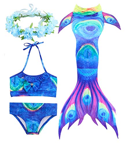 HiFunBay Ragazze Coda da Sirena per Nuotare Bambina Costume da Bagno Incluso 3PCS Bikini e Fiore Garland Archetto (DH03-B08,150)