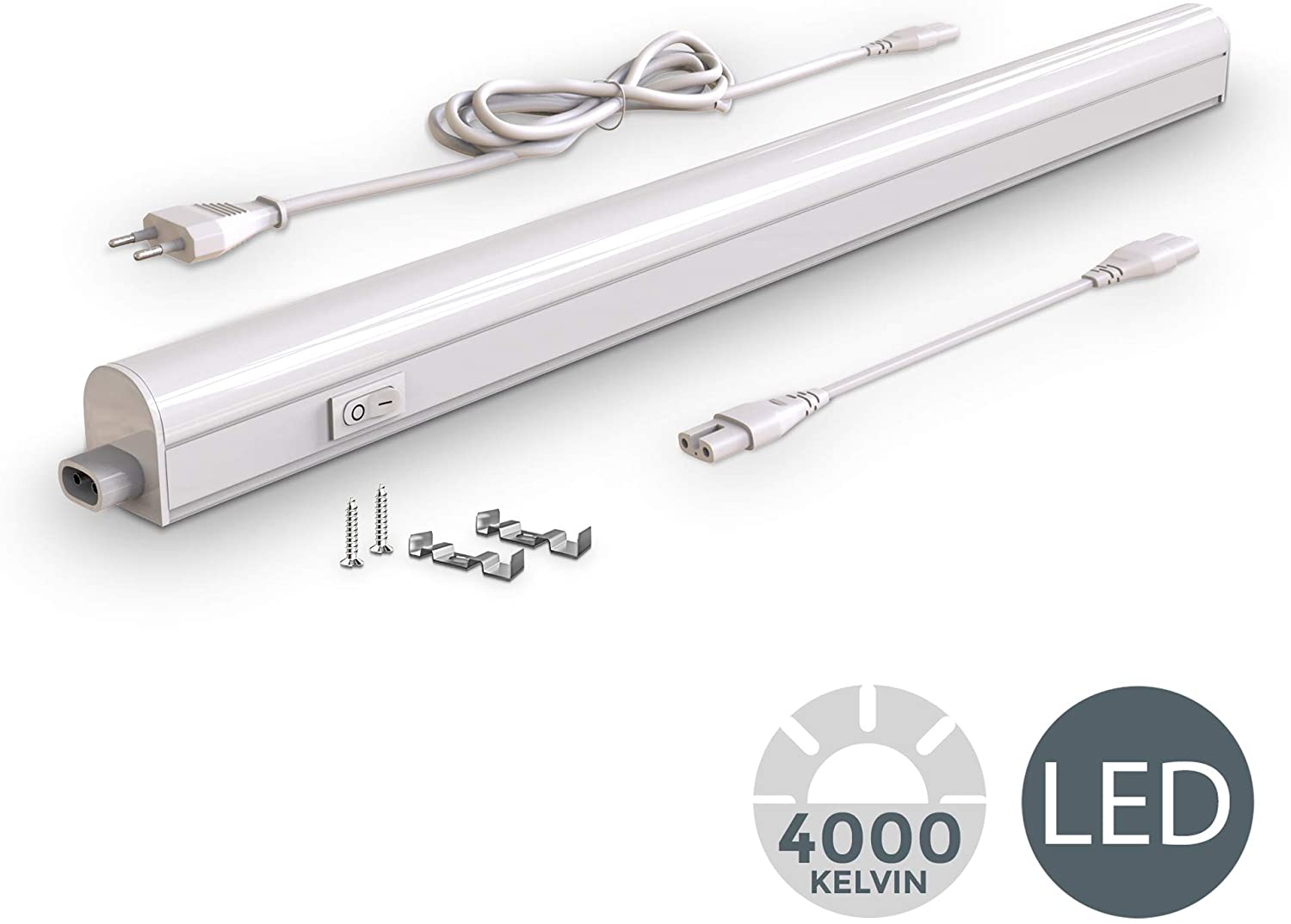 Lampada sottopensile cucina LED, luce bianca naturale 4000K, LED integrati da 8W, lunghezza 57.3cm, interruttore on off, plastica, lampada moderna collegabile con lampade uguali, 230V IP20