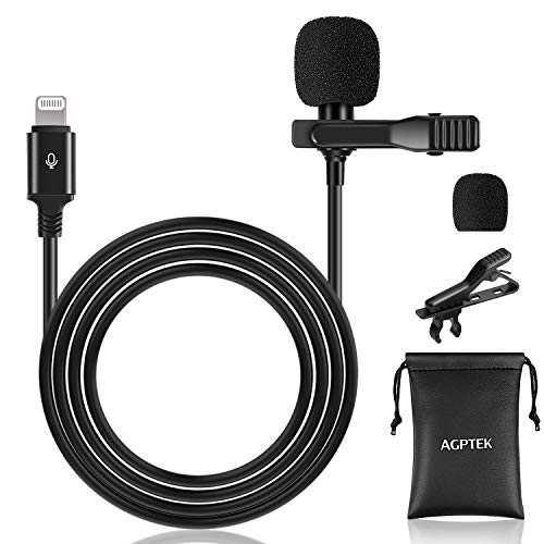 AGPTEK Microfono Lavalier Esterno per iPhone 7/8/8plus/11/12/SE/X/XS/XR,Mini Condensatore Omnidirezionale da 2M con Interfaccia per iPhone,Adatto per Interviste,Videoconferenze,Podcast,Dettatura,ECC