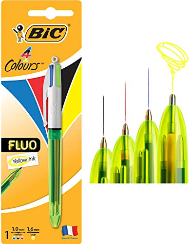 BIC 4 Colours Fluo Penna A Sfera A Scatto - Inchiostro Nero, Blu, Rosso E Giallo Fluo, Confezione Da 1