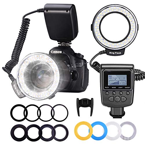 Neewer 48 Macro LED Anello Flash con LCD Display Controllo di Aliemntazione, Anello di Adattatore e Flash Diffusore per Canon 650D, 600D, 550D, 70D, 60D, 5D Nikon D5000, D3000, D5100, D3100, D7000, D7100, D800, D800E, D60