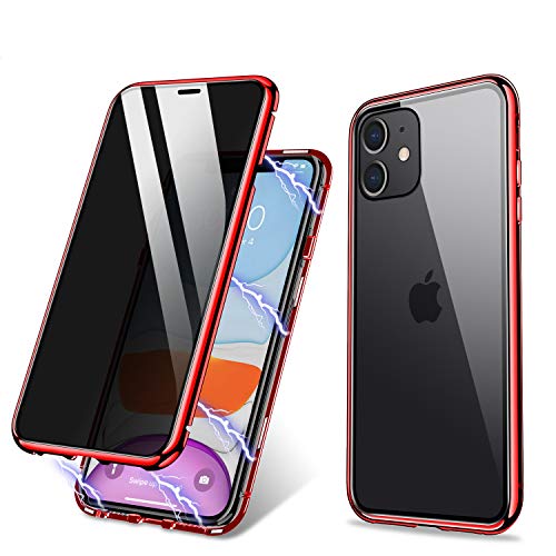 ZHIKE Custodia per iPhone 11, Custodia per adsorbimento Magnetico Anti-Peep Frontale e Posteriore in Vetro temperato Copertura a Schermo Intero Flip Privacy Cover per(Anti Spia-Rosso Trasparente)