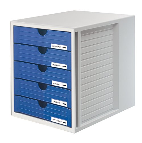 HAN 1450-14, Cassettiera System-Box, design attrattivo ed innovativo con 5 cassetti chiusi, grigio chiaro-blu