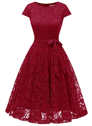 MuaDress Abito da Cocktail Ragazzaa Pieghe in Pizzo a Maniche Corte con Cintura e Maniche Corte 6008Rosso Scuro S