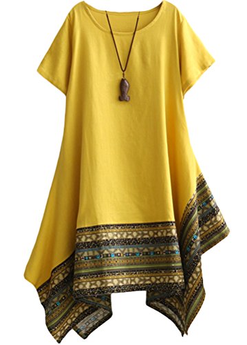 Vogstyle Donna Estate Lino Cotone Manica Corta Maglietta Tops Shirt Vestito Giallo L