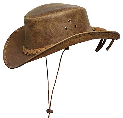 BRANDSLOCK Mens Vintage Grande Bordo del Cowboy Australiano di Stile Occidentale Bush Cappello con Chin Cord (Marron, XL)