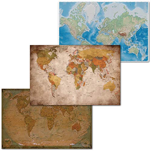 GREAT ART Set di 3 Poster XXL - Mappe del Mondo Classiche - Mappamondo retrò & Storico Mercator Proiezione Globo Atlante Continenti Decorazione Murale cadauno 140 x 100 cm