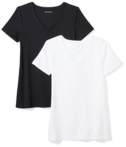 Amazon Essentials 2-Pack Short-Sleeve V-Neck Solid T-Shirt, Black/White, S