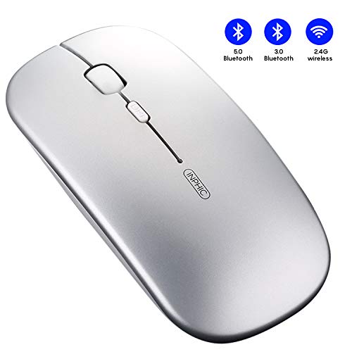 INPHIC Mouse Bluetooth, Mouse Wireless Bluetooth Ricaricabile Silenzioso a Tre modalità (BT 5.0/3.0 + 2.4G Wireless),Mouse da Viaggio Portatile 1600 DPI per PC Laptop, Android, MacBook, Argento