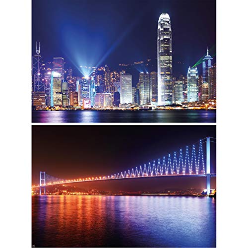 GREAT ART Set di 2 Poster XXL – Metropoli di Notte – Hong Kong & Ponte del Bosforo Cina Turchia Città Mare Grattacieli Foto Poster Decorazione da Parete Murale (140 x 100cm)