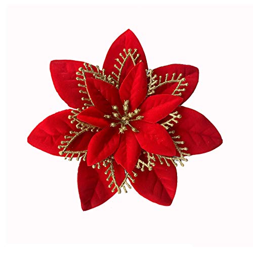ACDE 10 Pezzi 13cm Decorazioni Fiori Artificiali Natale Glitter Poinsettia Fiori Finti Ornamenti Alberi Natale con Clip - Rosso