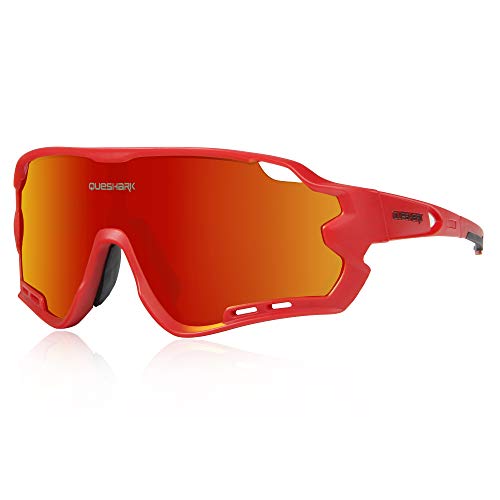 Queshark Polarizzati Occhiali Ciclismo con 4 Lenti Intercambiabili Occhiali Bici Occhiali Sportivi da Sole Anti UV da Uomo Donna per Corsa,MTB (Rosso)