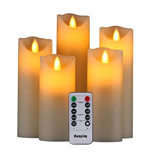 HANZIM Candele LED，set di 5 candele decorative（4’’5’’6’’7’’8’’), 300 ore di candele senza fiamma con telecomando a 10 tasti. Fiamma LED lampeggiante,realizzato in vera paraffina (Ivory, 5 * 1)