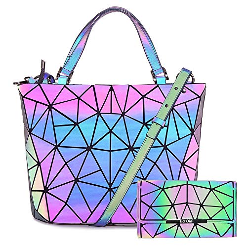 HOT ONE Colour Cambia Borse e borsette luminose geometriche Borsa olografica Borsa riflettente Borsa Moda (5# Grande Luminoso + Portafoglio Pulsante)