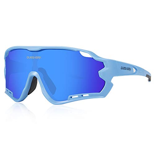 Queshark Polarizzati Occhiali Ciclismo con 4 Lenti Intercambiabili Occhiali Bici Occhiali Sportivi da Sole Anti UV da Uomo Donna per Corsa,MTB (Blu)